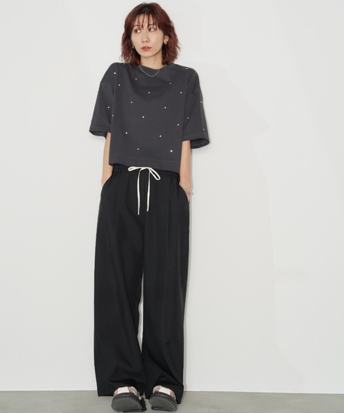 Auntie Rosa Holiday（アンティローザホリデー）の「ビジュークロップドルーズTEE（Tシャツ/カットソー・レディース・チャコールグレー/オフホワイト・FREE）」の9枚目の写真