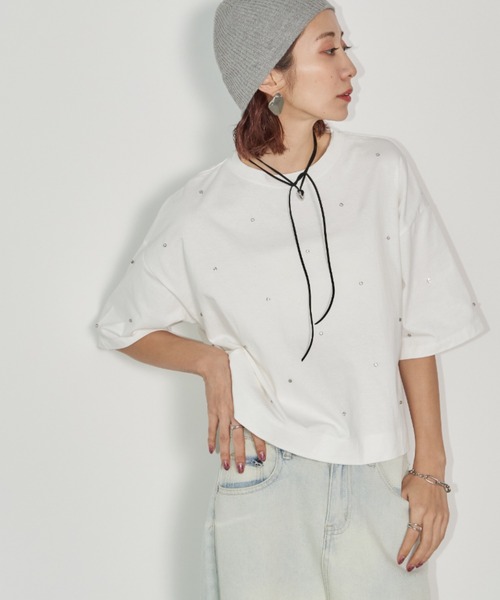 Auntie Rosa Holiday（アンティローザホリデー）の「ビジュークロップドルーズTEE（Tシャツ/カットソー・レディース・チャコールグレー/オフホワイト・FREE）」の16枚目の写真