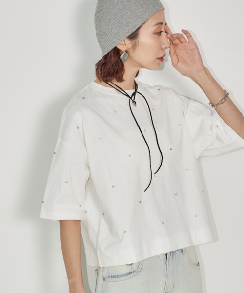 Auntie Rosa Holiday（アンティローザホリデー）の「ビジュークロップドルーズTEE（Tシャツ/カットソー・レディース・チャコールグレー/オフホワイト・FREE）」の17枚目の写真