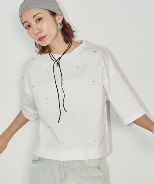 Auntie Rosa Holiday（アンティローザホリデー）の「ビジュークロップドルーズTEE（Tシャツ/カットソー・レディース・チャコールグレー/オフホワイト・FREE）」の15枚目の写真