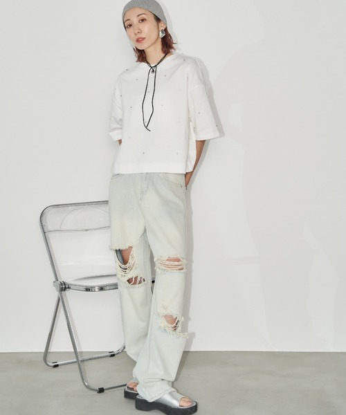 Auntie Rosa Holiday（アンティローザホリデー）の「ビジュークロップドルーズTEE（Tシャツ/カットソー・レディース・チャコールグレー/オフホワイト・FREE）」の21枚目の写真