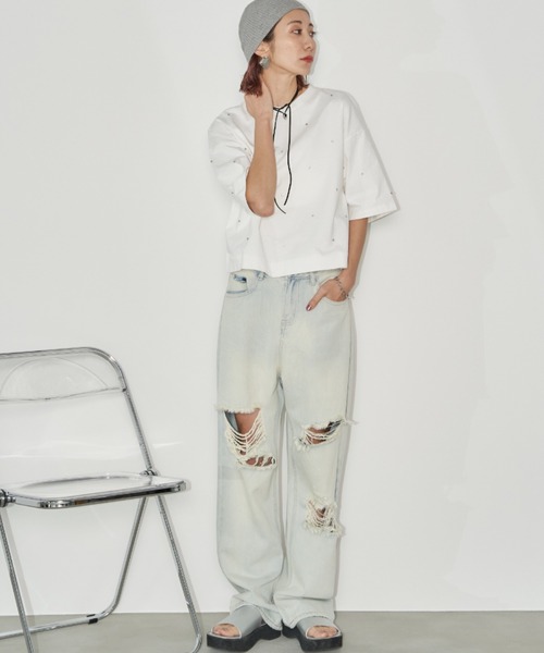 Auntie Rosa Holiday（アンティローザホリデー）の「ビジュークロップドルーズTEE（Tシャツ/カットソー・レディース・チャコールグレー/オフホワイト・FREE）」の20枚目の写真