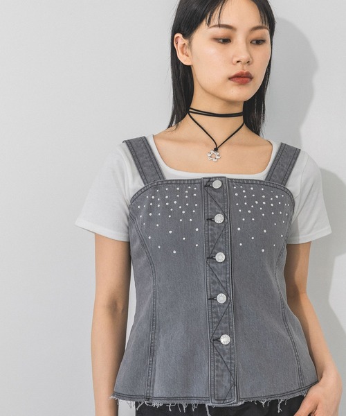 PAGEBOY（ページボーイ）の「ラインストーンデニムビスチェ（ベスト・レディース・ブルー/ブラック・FREE）」の4枚目の写真