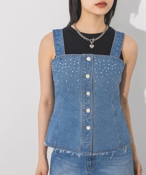 PAGEBOY（ページボーイ）の「ラインストーンデニムビスチェ（ベスト・レディース・ブルー/ブラック・FREE）」の10枚目の写真