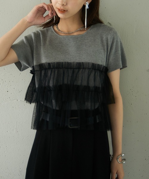 MAISON BREEZE reveur（メゾンブリーズレヴール）の「【MAISON BREEZE reveur】 チュールフリル半袖ニット half sleeve ruffle frill tulle knit（ニット/セーター・レディース・オフホワイト/グレー/ブラック・FREE）」の3枚目の写真