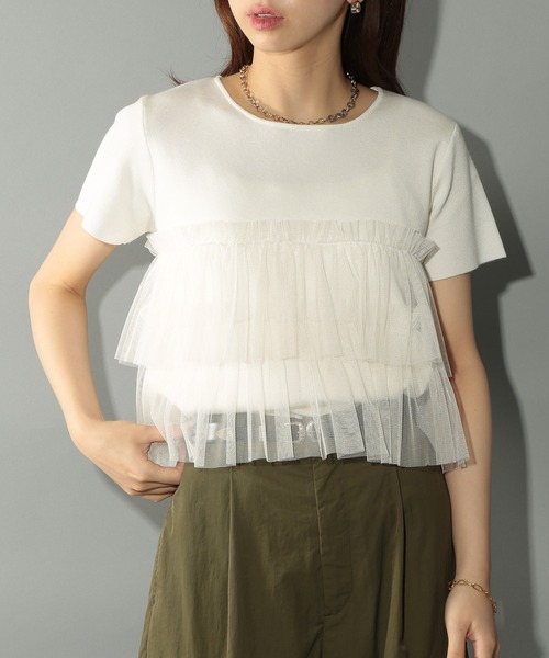 MAISON BREEZE reveur（メゾンブリーズレヴール）の「【MAISON BREEZE reveur】 チュールフリル半袖ニット half sleeve ruffle frill tulle knit（ニット/セーター・レディース・オフホワイト/グレー/ブラック・FREE）」の4枚目の写真