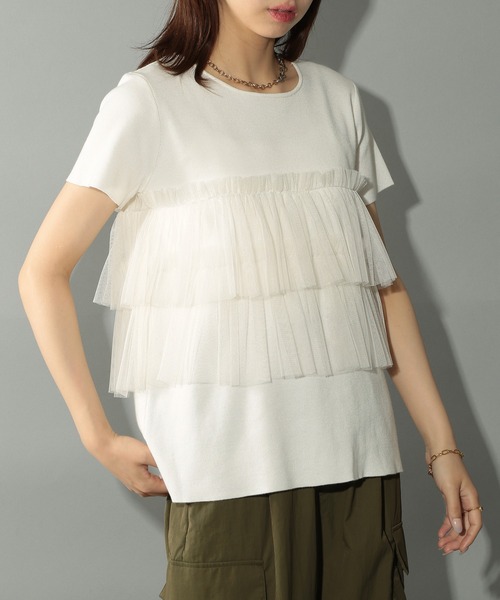 MAISON BREEZE reveur（メゾンブリーズレヴール）の「【MAISON BREEZE reveur】 チュールフリル半袖ニット half sleeve ruffle frill tulle knit（ニット/セーター・レディース・オフホワイト/グレー/ブラック・FREE）」の5枚目の写真