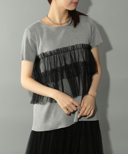 MAISON BREEZE reveur（メゾンブリーズレヴール）の「【MAISON BREEZE reveur】 チュールフリル半袖ニット half sleeve ruffle frill tulle knit（ニット/セーター・レディース・オフホワイト/グレー/ブラック・FREE）」の14枚目の写真
