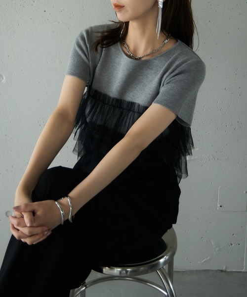 MAISON BREEZE reveur(メゾンブリーズレヴール)の「【MAISON BREEZE reveur】 チュールフリル半袖ニット half sleeve ruffle frill tulle knit(ニット/セーター・レディース・オフホワイト/グレー/ブラック・FREE)」の12枚目の写真
