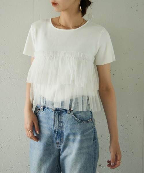 MAISON BREEZE reveur(メゾンブリーズレヴール)の「【MAISON BREEZE reveur】 チュールフリル半袖ニット half sleeve ruffle frill tulle knit(ニット/セーター・レディース・オフホワイト/グレー/ブラック・FREE)」の6枚目の写真