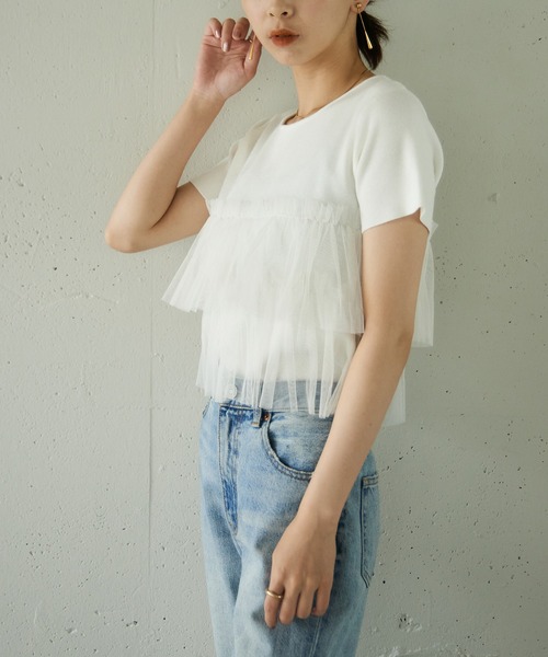 MAISON BREEZE reveur(メゾンブリーズレヴール)の「【MAISON BREEZE reveur】 チュールフリル半袖ニット half sleeve ruffle frill tulle knit(ニット/セーター・レディース・オフホワイト/グレー/ブラック・FREE)」の8枚目の写真