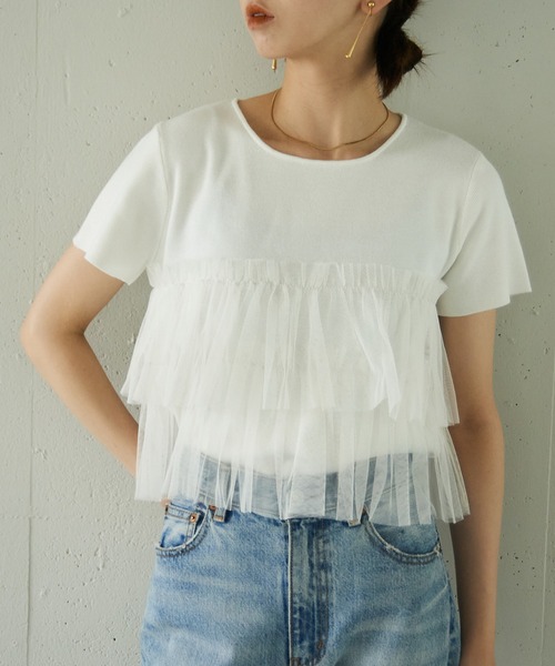 MAISON BREEZE reveur（メゾンブリーズレヴール）の「【MAISON BREEZE reveur】 チュールフリル半袖ニット half sleeve ruffle frill tulle knit（ニット/セーター・レディース・オフホワイト/グレー/ブラック・FREE）」の21枚目の写真