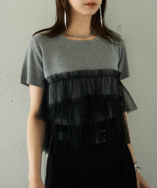 MAISON BREEZE reveur(メゾンブリーズレヴール)の「【MAISON BREEZE reveur】 チュールフリル半袖ニット half sleeve ruffle frill tulle knit(ニット/セーター・レディース・オフホワイト/グレー/ブラック・FREE)」の10枚目の写真