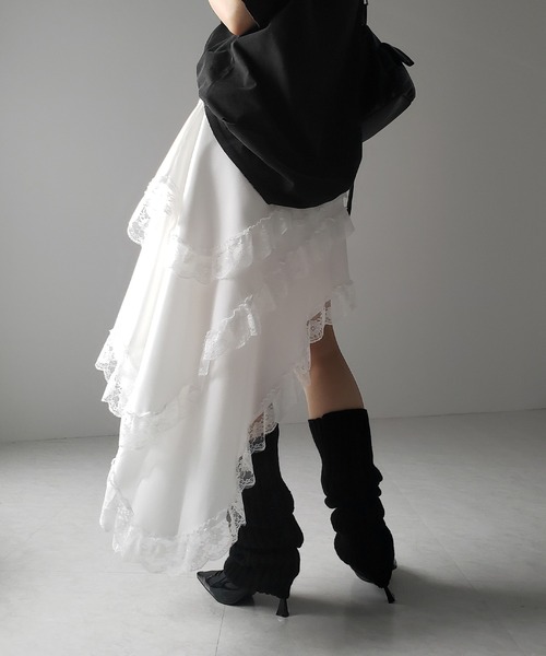 me+em select（ミームセレクト）の「【 ２color 】アシンメトリーレースフリルスカート ／ asymmetrical lace frill skirt（スカート・レディース・ホワイト/ブラック・MEDIUM/SMALL）」の4枚目の写真