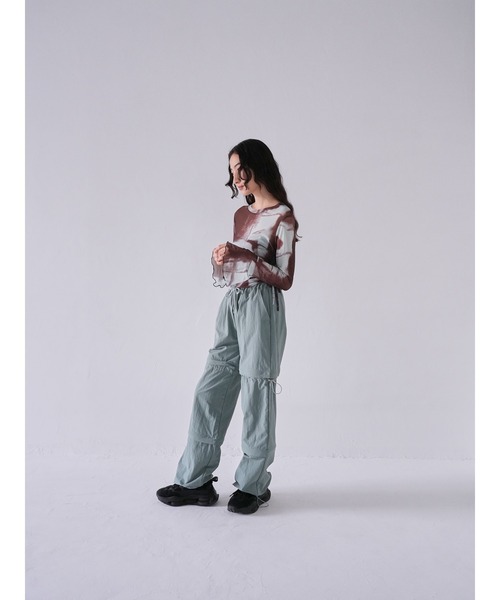 Uenui（ウニュイ）の「シースルートップス 長袖 シアートップス 長袖 シースルー 長袖  ストリング ギャザー シアー トップス メッシュ カットソー フレア 紐 マーブル 総柄 秋冬新作（Tシャツ/カットソー・レディース・ブラック/レッド/ホワイト/ブラウン・FREE）」の10枚目の写真