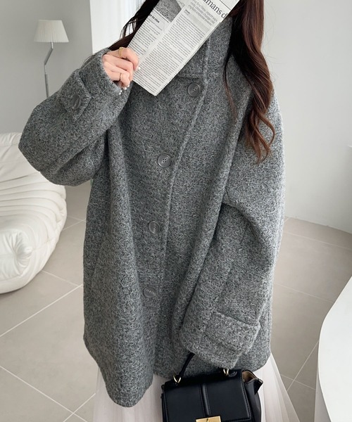 mily bilet（ミウィビレット）の「【mily bilet】冬の味方！ ウールライク スタンド 2WAYカラー リングニット ミドル丈 オーバーサイズ コート（チェスターコート・レディース・グレー/アイボリー/ブラック・MEDIUM/LARGE/X-LARGE/SMALL）」の8枚目の写真