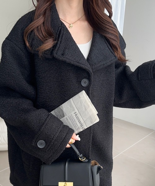 mily bilet（ミウィビレット）の「【mily bilet】冬の味方！ ウールライク スタンド 2WAYカラー リングニット ミドル丈 オーバーサイズ コート（チェスターコート・レディース・グレー/アイボリー/ブラック・MEDIUM/LARGE/X-LARGE/SMALL）」の15枚目の写真