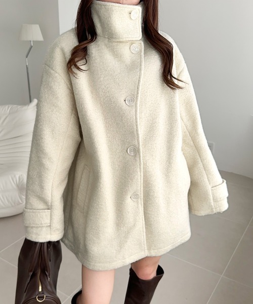 mily bilet（ミウィビレット）の「【mily bilet】冬の味方！ ウールライク スタンド 2WAYカラー リングニット ミドル丈 オーバーサイズ コート（チェスターコート・レディース・グレー/アイボリー/ブラック・MEDIUM/LARGE/X-LARGE/SMALL）」の11枚目の写真