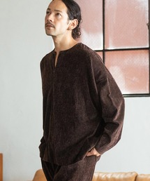 mlt4855-Velour conceal Zipper Design Henley Neck Pullover ヘンリーネックカットソー