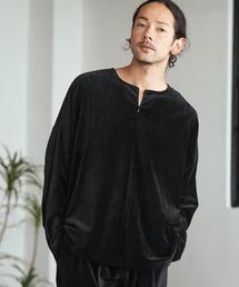 mlt4855-Velour conceal Zipper Design Henley Neck Pullover ヘンリーネックカットソー