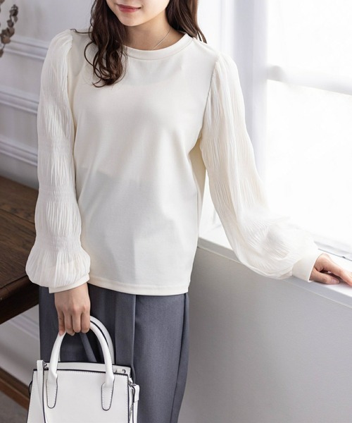 clear（クリア）の「マジョリカプリーツドッキングトップス [大人可愛い ボリューム感 着心地抜群]≪再入荷≫（Tシャツ/カットソー・レディース・ブラック/ピンクベージュ/アイボリー・F）」の6枚目の写真