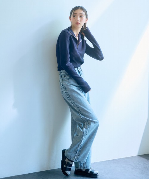 slattgir（スラットジール）の「高身長　綿100%サイドフリンジデニムワイドパンツ（トールサイズ）Essenave（デニムパンツ・レディース・ブルー系/ブラック系・64/67/70/73/76/80/84/88/96/104）」の12枚目の写真