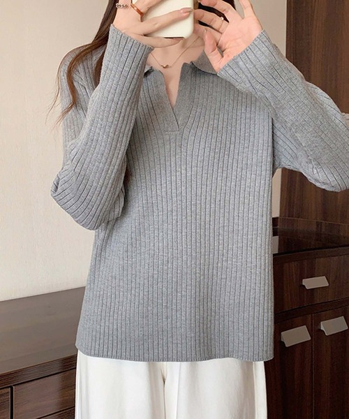 未使用タグ付♡SYSORUS リブニット　5部袖　プルオーバー　洗える　ベージュ セール】ポロカラー半袖リブニット（ニット/セーター）｜Girly