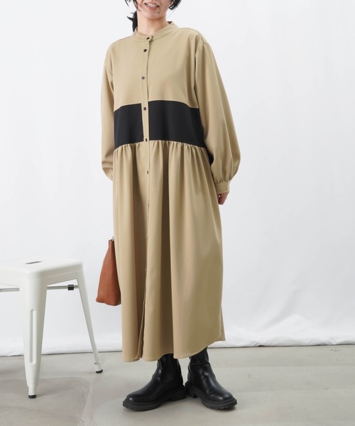 LUCA/LADY LUCK LUCA（ルカ/レディラックルカ）の「LC/LLL 配色切替バンドカラーボリュームワンピース（シャツワンピース・レディース・ベージュ/ブラック/チャコールグレー・S/M）」の7枚目の写真