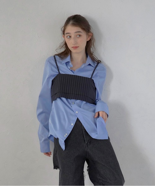 MINERTE(ミネルテ)の「【MINERTE】back ribbon pinstripe bustier / バックリボンピンストライプビスチェ(キャミソール・レディース・ダークグレー/ブラック・FREE)」の3枚目の写真