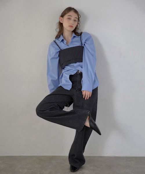 MINERTE(ミネルテ)の「【MINERTE】back ribbon pinstripe bustier / バックリボンピンストライプビスチェ(キャミソール・レディース・ダークグレー/ブラック・FREE)」の5枚目の写真