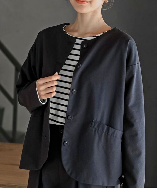 rps(アールピーエス)の「麻混ノーカラージャケット(ノーカラージャケット・レディース・アイボリー/ブラック/ネイビー・フリー)」の1枚目の写真