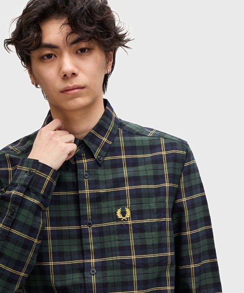 FRED PERRY  レディース  Mixed Tartan Shirt ( イエロー×ブラック)  （G7115/958) セール】Oxford Tartan Shirt／オックスフォードタータンシャツ