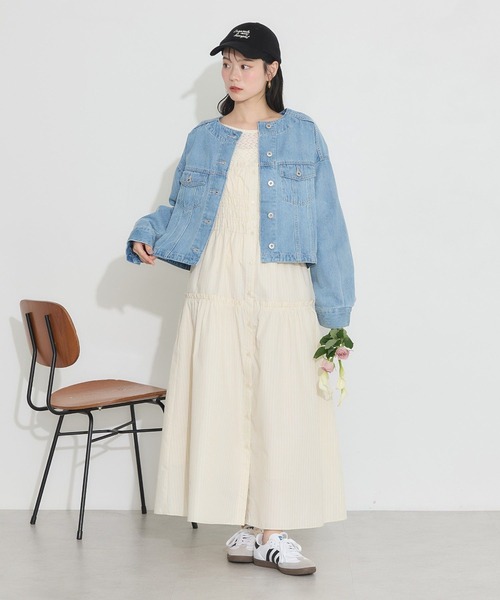 earth music&ecology（アースミュージックアンドエコロジー）の「ノーカラーデニムジャケット（デニムジャケット・レディース・ライトインディゴブルー/インディゴブルー・FREE）」の14枚目の写真