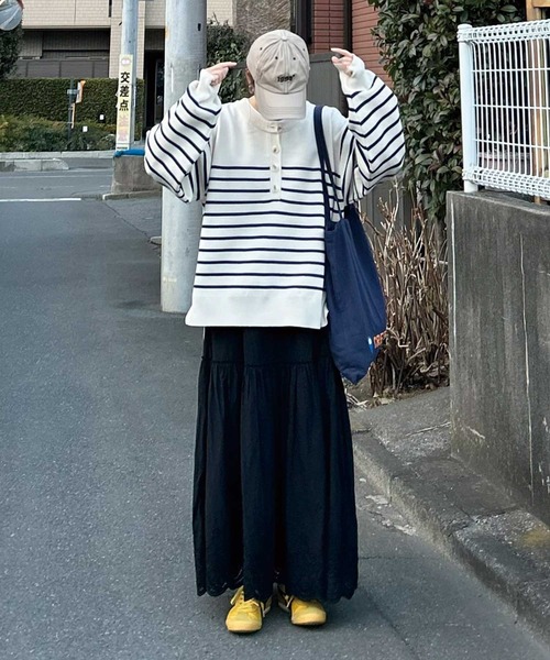 CORNERS by KR（コーナーズバイケーアール）の「【CORNERS by KR】ボーダーヘンリーネックニット（ニット/セーター・レディース・ネイビー/レッド/マルチ・M）」の11枚目の写真