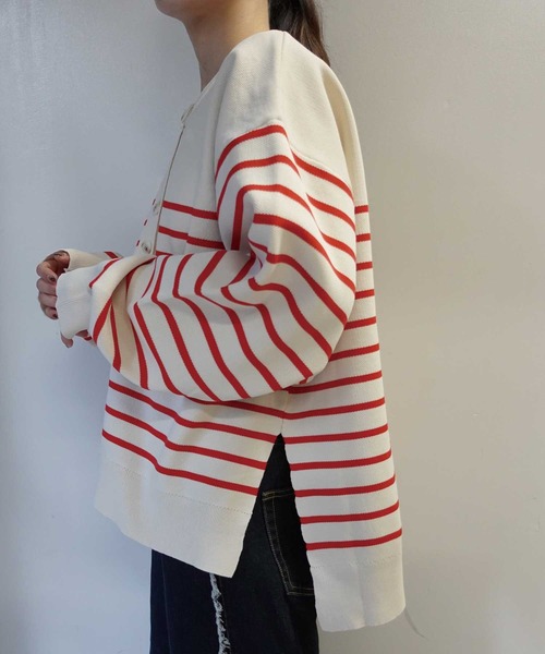 CORNERS by KR（コーナーズバイケーアール）の「【CORNERS by KR】ボーダーヘンリーネックニット（ニット/セーター・レディース・ネイビー/レッド/マルチ・M）」の5枚目の写真