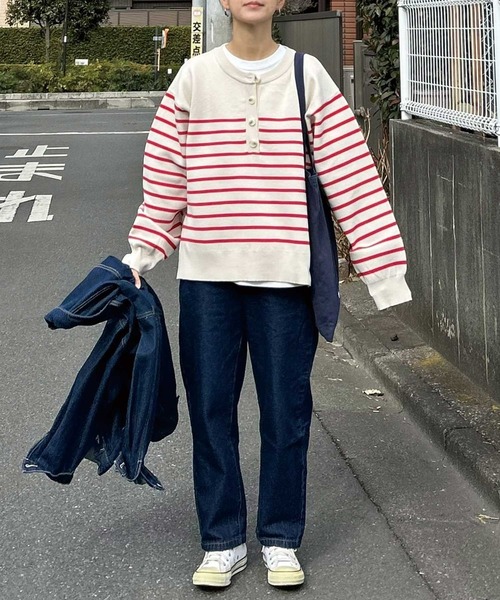 CORNERS by KR（コーナーズバイケーアール）の「【CORNERS by KR】ボーダーヘンリーネックニット（ニット/セーター・レディース・ネイビー/レッド/マルチ・M）」の15枚目の写真