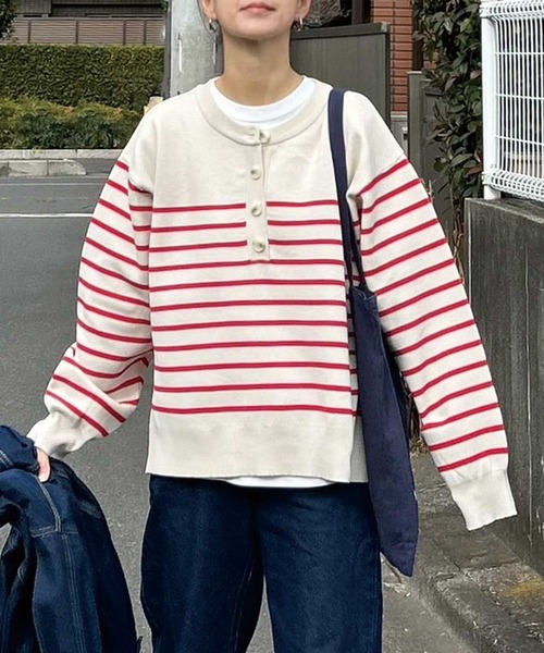 CORNERS by KR（コーナーズバイケーアール）の「【CORNERS by KR】ボーダーヘンリーネックニット（ニット/セーター・レディース・ネイビー/レッド/マルチ・M）」の13枚目の写真