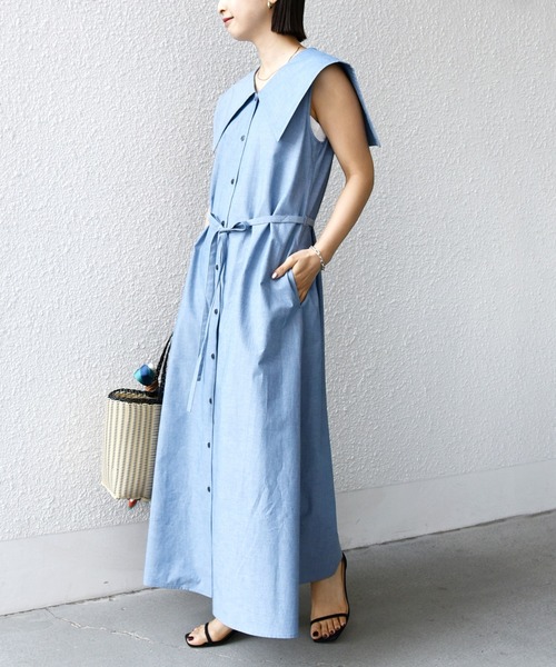 極美品.定価2.3万☆スピック＆スパン バンドカラー フレアシャツワンピース シャツワンピース レディース スタンドカラー フレアシャツ