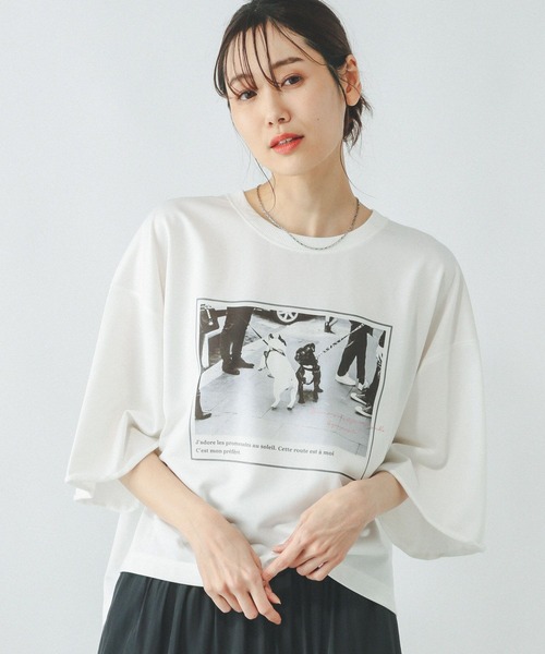 GLOBAL WORK（グローバルワーク）の「乾きやすいスウェットプリント7分袖/289384（Tシャツ/カットソー・レディース・ネイビー/グレー系その他/アイボリー/チャコールグレー/オフホワイト/ピンク系その他6/杢グレー/ネイビー系9・REGULAR/SHORT）」の2枚目の写真