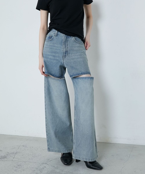 セール】Slit straight denim pants / スリット ストレート