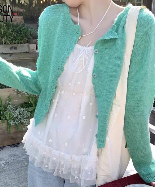 Chiina（チーナ）の「Chiina / クルーネックカラーカーディガン（カーディガン/ボレロ・レディース・ブルー/イエロー/ホワイト/グリーン・FREE）」の10枚目の写真