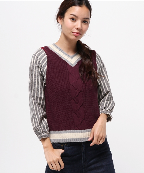 OUTLET(アウトレット)の「【mystic】チルデンニット×フハクプルオーバー(Tシャツ/カットソー・レディース・ボルドー・FREE)」の1枚目の写真