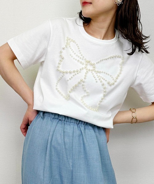 tシャツ リボンパールカットソー レディース セール】リボンパールカットソー（Tシャツ/カットソー）｜PICCIN