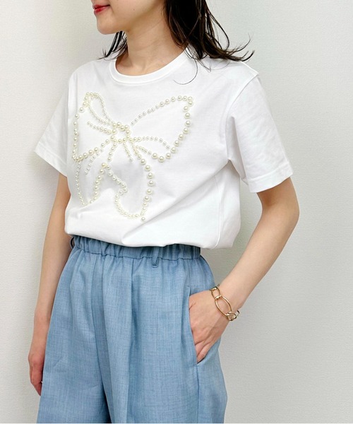 PICCIN PERLA(ピッチンペルラ)の「リボンパールカットソー(Tシャツ/カットソー・レディース・オフホワイト/ブラック・M)」の4枚目の写真