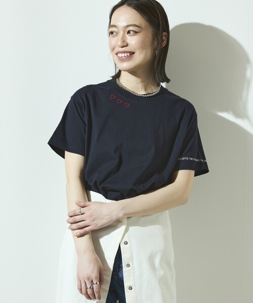Firsthand（ファーストハンド）の「Firsthand/ファーストハンド オーガニックコットン ハート ロゴ刺繍Tシャツ / クルーネック ワンポイントロゴ 刺繍半袖Tシャツ（Tシャツ/カットソー・レディース・ブラック/ホワイト/ネイビー/グリーン・FREE）」の6枚目の写真