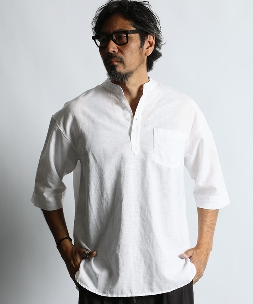 The DUFFER of ST.GEORGE（ザダファーオブセントジョージ）の「LINEN BLEND BAND COLLAR 3Q SETUP SHIRT：綿麻素材 セットアップ 7分袖 バンドカラーシャツ（シャツ/ブラウス・メンズ・オフホワイト/オリーブ/ネイビー・X-LARGE/LARGE/MEDIUM/SMALL）」の2枚目の写真