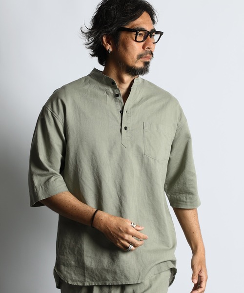 LINEN BLEND BAND COLLAR 3Q SETUP SHIRT：綿麻素材