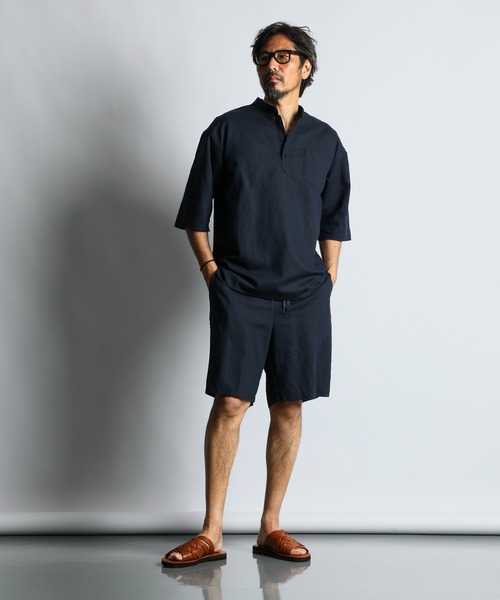 The DUFFER of ST.GEORGE（ザダファーオブセントジョージ）の「LINEN BLEND BAND COLLAR 3Q SETUP SHIRT：綿麻素材 セットアップ 7分袖 バンドカラーシャツ（シャツ/ブラウス・メンズ・オフホワイト/オリーブ/ネイビー・X-LARGE/LARGE/MEDIUM/SMALL）」の9枚目の写真