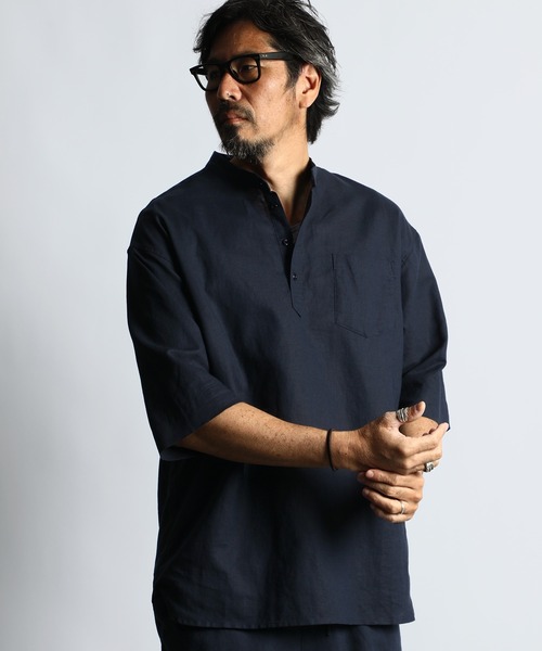 The DUFFER of ST.GEORGE（ザダファーオブセントジョージ）の「LINEN BLEND BAND COLLAR 3Q SETUP SHIRT：綿麻素材 セットアップ 7分袖 バンドカラーシャツ（シャツ/ブラウス・メンズ・オフホワイト/オリーブ/ネイビー・X-LARGE/LARGE/MEDIUM/SMALL）」の8枚目の写真