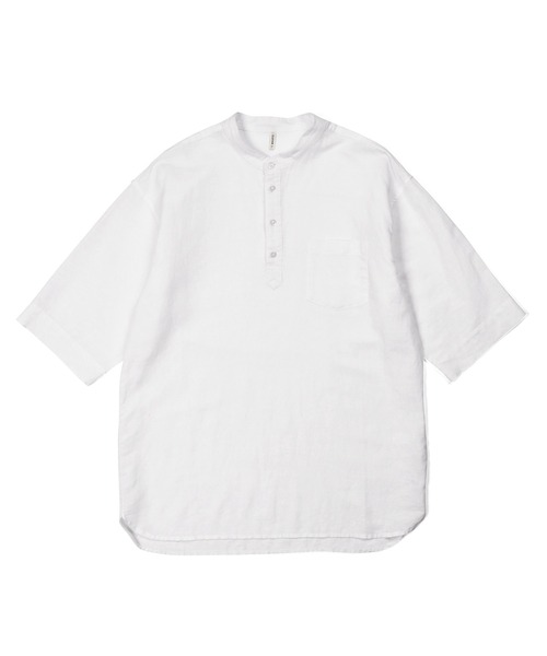The DUFFER of ST.GEORGE（ザダファーオブセントジョージ）の「LINEN BLEND BAND COLLAR 3Q SETUP SHIRT：綿麻素材 セットアップ 7分袖 バンドカラーシャツ（シャツ/ブラウス・メンズ・オフホワイト/オリーブ/ネイビー・X-LARGE/LARGE/MEDIUM/SMALL）」の12枚目の写真